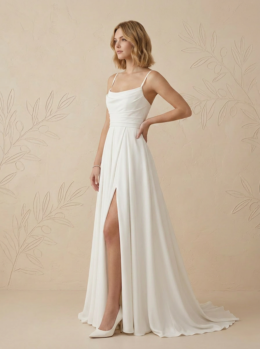 White A-Line Scoop Pleated Crepe Back Satins Wedding Dress with Slit